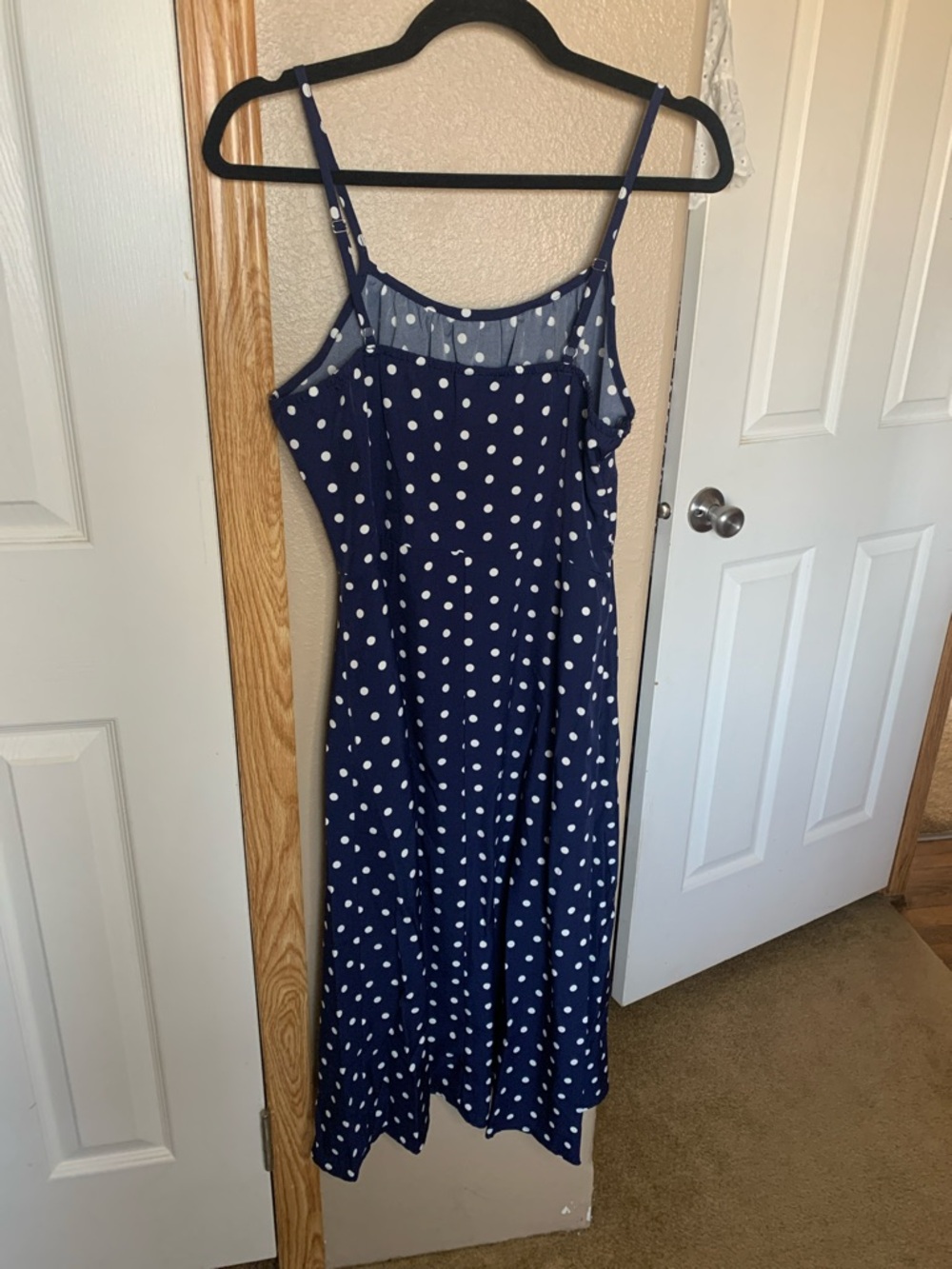 NAVY Polka Dot Midi Dress with Side Slit & Spaghetti Straps - Picture 7 of 7